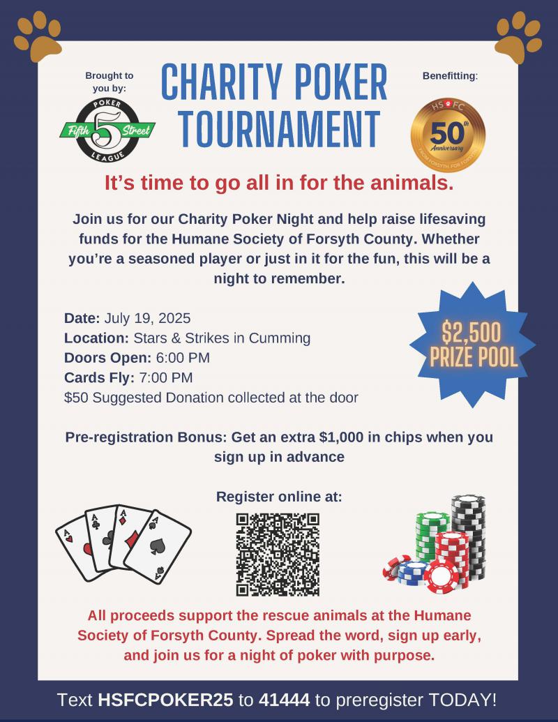 Charity Poker Night Benefiting Humane Society of Forsyth County - Stars and Strikes at 5thstreetpoker.com